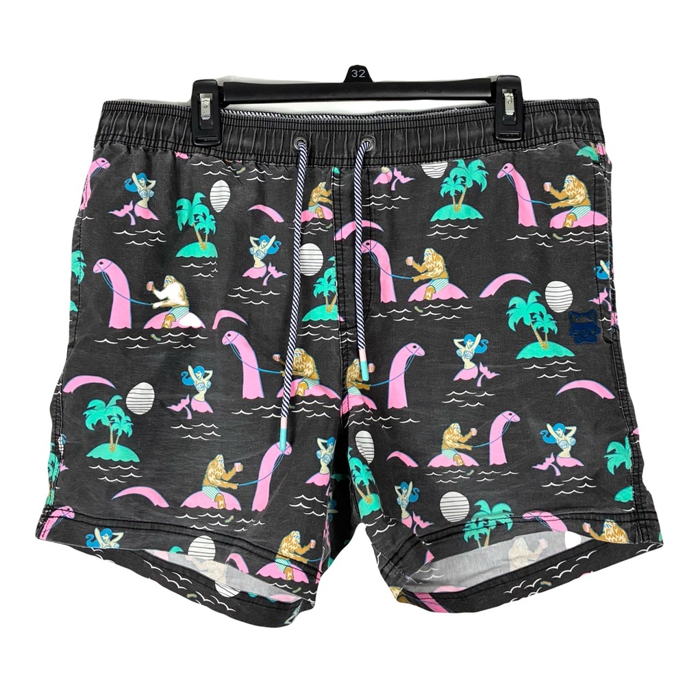 Men's Black Novelty Swim Trunks with Pink & Teal Print